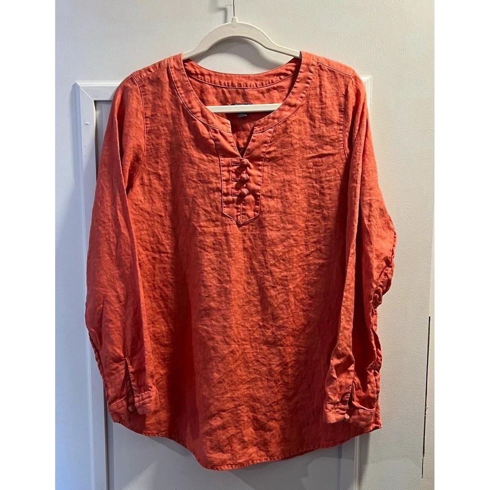 J. Jill Women's Small Pink Coral 100% Linen V-Neck Long Sleeve Blouse Top 38x27